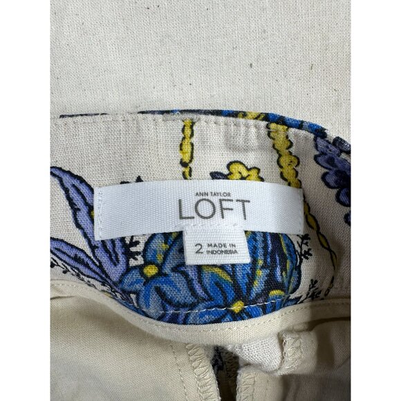 Ann Taylor LOFT Linen Blend Floral Print Shorts size 2 Cream/Blue - Picture 2 of 7